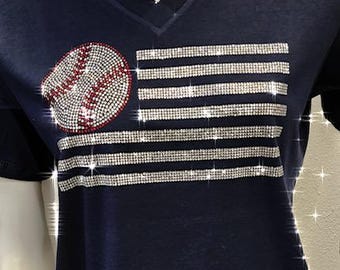 Navy Rhinestone American Flag Baseball V-Neck Tee, Sparkly Patriotic Game Day Shirt, Ladies Bling Baseball Top