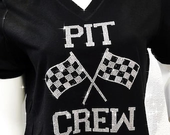 Rhinestone Pit Crew V-Neck Tee, Checkered Flag Racing Top