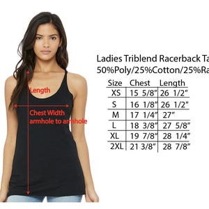 May include: A black racerback tank top with a scoop neck. The image includes text describing the tank top as a Ladies Triblend Racerback Tank made of 50% Poly, 25% Cotton, and 25% Rayon. Measurements are provided in inches.