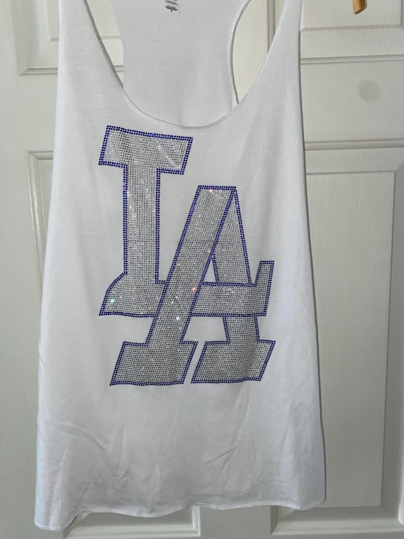 Rhinestone LA Tank Top, Dodgers Inspired Bling Tank, White Racerback Tri-Blend Tank, Sparkly LA Baseball Shirt, Game Day Tank, LA Fan Shirt