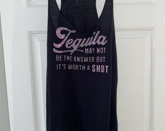 Summer drinking tank, Rhinestone Tequila Tank Top, Tequila May Not Be the Answer But It’s Worth a Shot, salty, Girls Trip, Mexico vacation