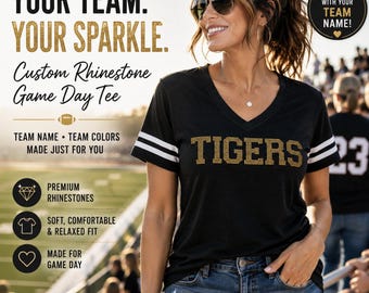 Custom Football Mom Shirt, Rhinestone Game Day Tee, Personalized Team Spirit Shirt, Football Mom Bling V-Neck