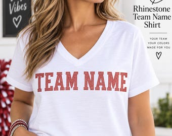 Custom Rhinestone Team Name Shirt, Personalized Bling Team Tee, Football Game Day Shirt, Team Colors V Neck, Sports Mom Gift