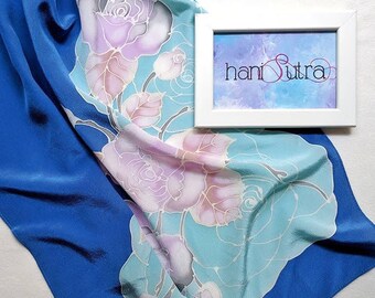 Silk Scarf Long Blue - Hand Drawn Batik Floral Pattern