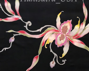 Silk Scarf Long Black - Hand Drawn Batik Floral Pattern