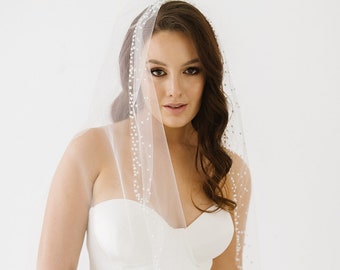 Pearl Edge English Tulle Cathedral Wedding Veil | Cathedral Wedding Veil | Bridal Veil| Floor Length Veil| Cluster Pearl Veil| Audra