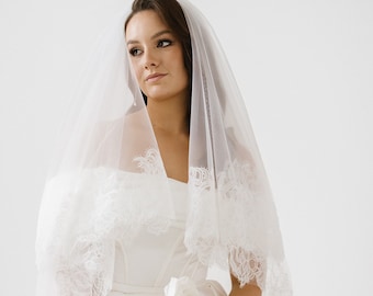 Floral Lace Edge Wedding Veil | Cathedral Wedding Veil | Bridal Veil| Floor Length Veil| Two Tier Veil| Blusher Veil| Genieve