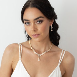 Gold Pearl Harlow Bridal Necklace Pearl Bridal Necklace Silver Wedding Necklace CZ Bridal Necklace Pearl Drop Bridal Necklace Nacklace + Earrings