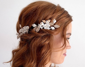 Épingle à cheveux de mariée fleur en porcelaine | Coiffe de mariée délicate | Épingles à cheveux de mariage| Épinglettes de mariée dorées| Coiffure de mariée bohème | Séraphine