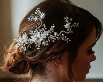 Bridal Hair Comb White Silk Flower Crystal Pearl Headpiece Wedding Accessory 898