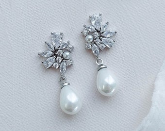 Statement CZ Pearl Drop Bridal Earrings | Wedding Earrings | Bridesmaid Earrings| Silver Bridal Drop Earrings| Statement Earrings| Elodie