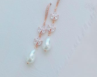 Rose Gold Pearl Drop Bridal Earrings | Wedding Jewelry | Bride Earrings | Bridal Accessories | Pearl Earrings | Gift for Bride