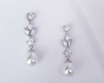 Boucles d'oreilles de mariée en perles de mariée | Boucles d'oreilles de mariage en or rose| Pendants d'oreilles en cristal|Bijoux en perles| Bijoux de mariage| Boucles d'oreilles perle CZ