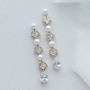 Gold Long Pearl Drop CZ Bridal Earrings | Wedding Jewelry | Bridal Accessories | Bride Earrings | Elegant Pearl Earrings| Coco