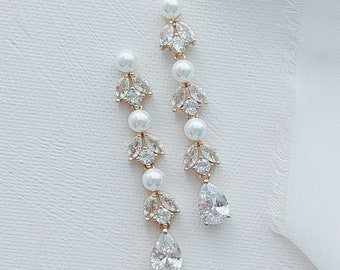 Gold Long Pearl Drop CZ Bridal Earrings | Wedding Jewelry | Bridal Accessories | Bride Earrings | Elegant Pearl Earrings| Coco