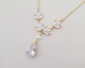Mae Pearl Gold Bridal Necklace| Gold Wedding Necklace | CZ Bridal Necklace| Pearl Drop Bridal Necklace