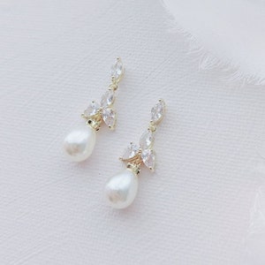 Gold Paige CZ Pearl Drop Earring | Wedding Earrings | Bridesmaid Earrings| Bridal Drop Earrings| Bridal Statement Earrings