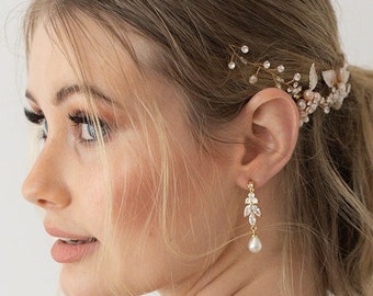 Gold CZ Pearl Drop Bridal Earrings | Wedding Earrings | Bridesmaid Earrings| Gold Bridal Drop Earrings| Bridal Statement Earrings| Harlow