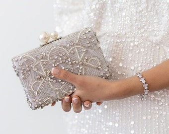 Ivory Crystal Pearl Beaded Bridal Wedding Clutch| Wedding Crystal Clutch| Bridal Clutch Bag| Pearl Clutch