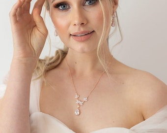 Mae Pearl Rose Gold Bridal Necklace| Rose Gold Wedding Necklace | CZ Bridal Necklace| Pearl Drop Bridal Necklace