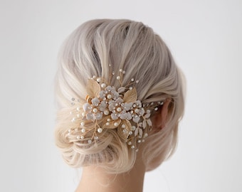 Pince à cheveux de mariée fleur d'or | Morceau de cheveux de mariage | Peigne à cheveux floral | Pince à cheveux de mariage | Accessoires de cheveux de mariée | Oralie Fleurs dorées