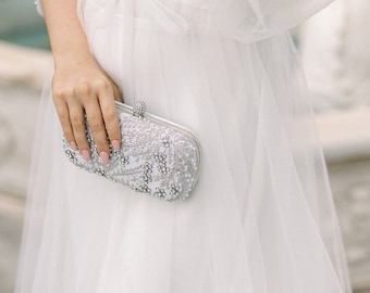 Venice Silver Crystal Beaded Bridal Clutch | Wedding Crystal Clutch| Bridal Clutch Bag| Pearl Clutch