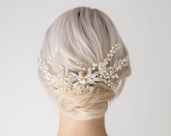 Light Gold  Pearl Bridal Hair Comb| Wedding Hair Piece| Pearl Bridal Haircomb| Wedding Hair Comb| Bridal Hair Accessories| Celine