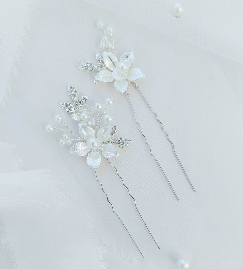 Phoebe Floral Bridal Hairpins Delicate Bridal headpiece Wedding Hairpins Bridal Hairpins Pearl Hairpins Silver Hairpins image 2