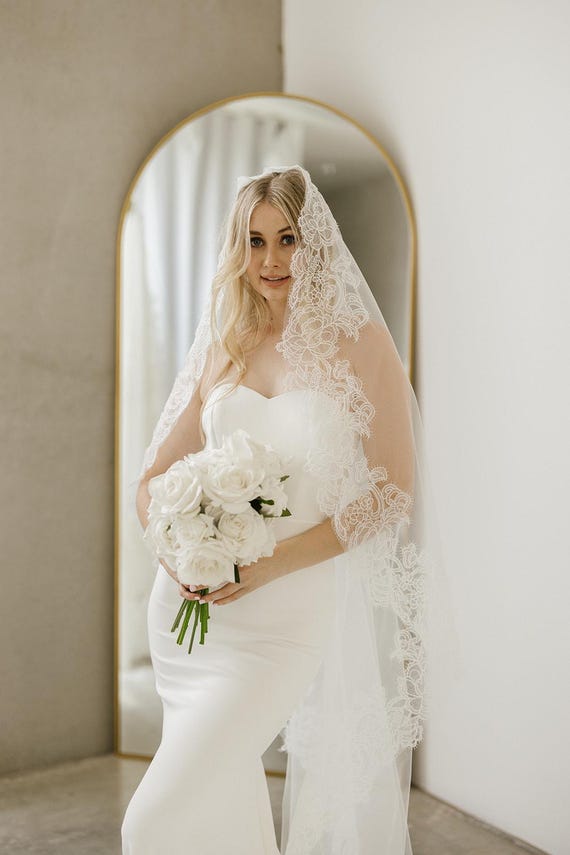 Romantic Lace-Edged Bridal Veil - White Wedding Veil - Lace Edge Cathedral Length Bridal Veil  main image 3