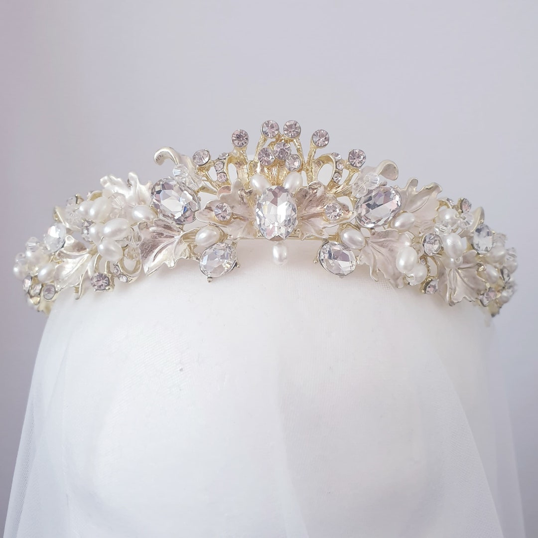 Crystal Bridal Crown Pearl Embellished Gold Wedding Crown - Etsy