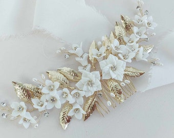Gold Decadent Flower Bridal Hair Comb | Wedding Haircomb | Crystal Bridal Hairpiece| Floral Wedding Hairpiece|Luxury Floral Porcelain Evelyn