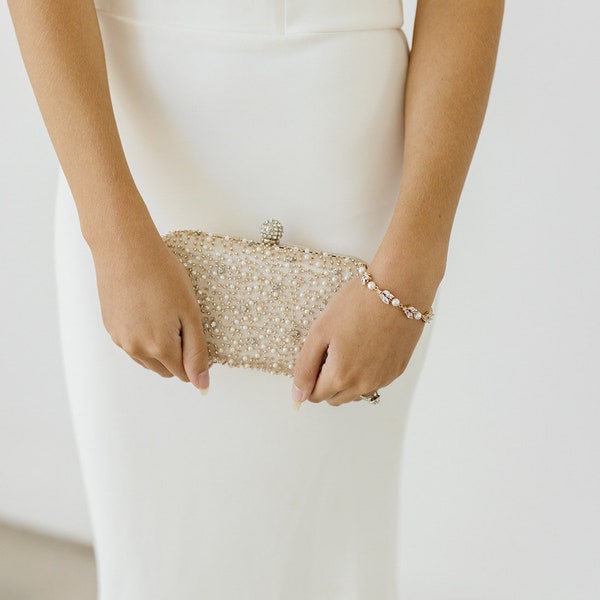 Champagne Crystal Pearl Beaded Bridal Wedding Clutch| Wedding Crystal Clutch| Bridal Clutch Bag| Champagne Evening Clutch| Golden Clutch
