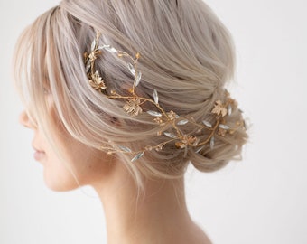 Vigne de cheveux de mariage feuille d'or | Vigne de cheveux de mariée | Vigne de cheveux Boho doré | Couronne de cheveux de mariée | Vigne de cheveux en cristal | Athénie