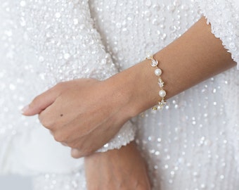 Gold Pearl CZ Florette Bridal Bracelet| CZ Wedding Bracelet| Crystal Wedding Bracelet| Statement Bridal Bracelet|