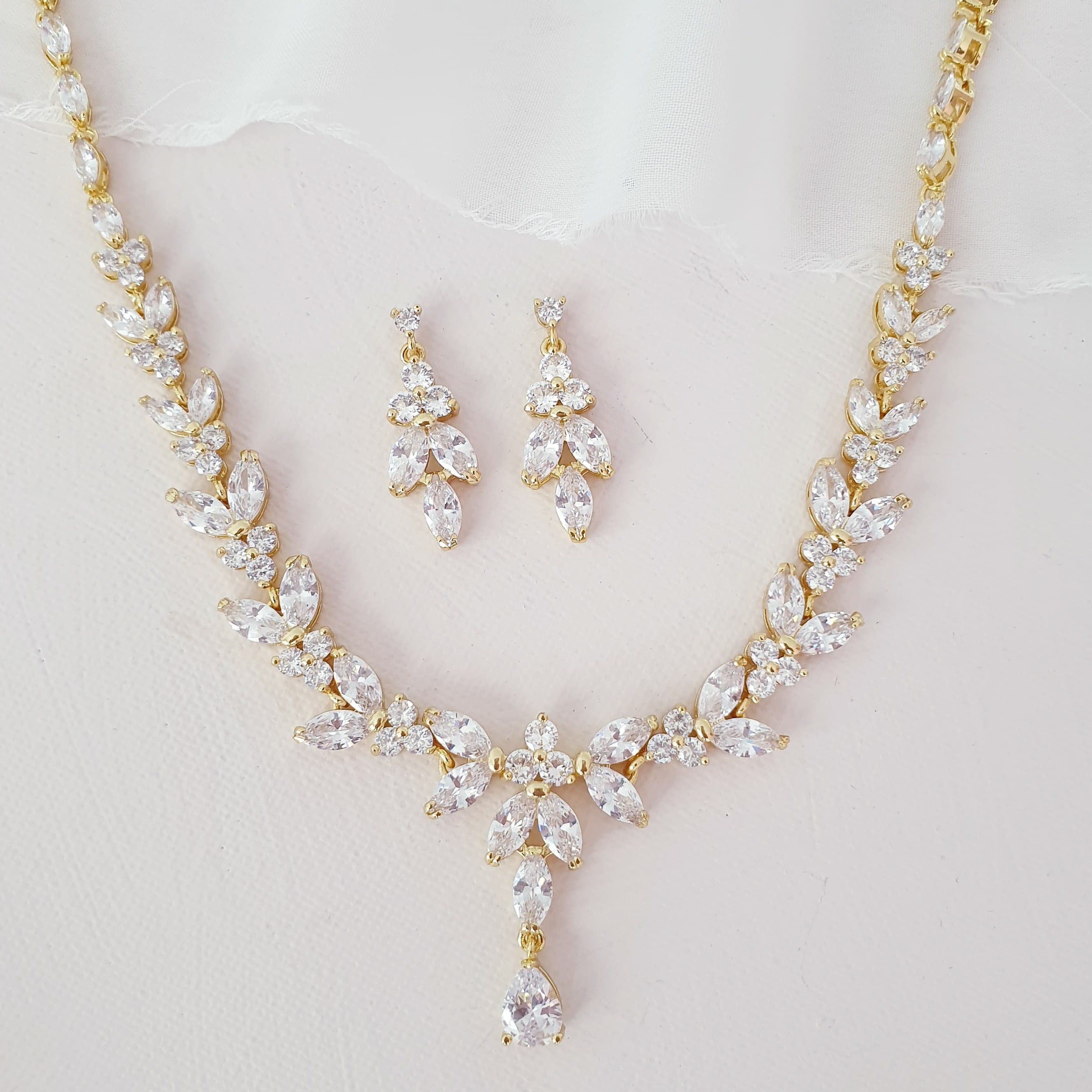 Gold Leaf Style Bridal Necklace Set Gold Teardrop Wedding | Etsy