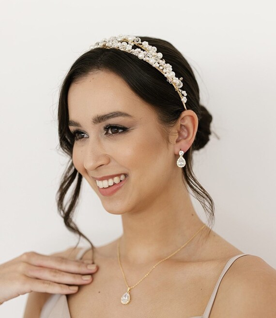 Gold Crown Headpiece with Pearl Accents Gold Pearl Bridal Crown: Rose Gold Wedding Headband  main image 4