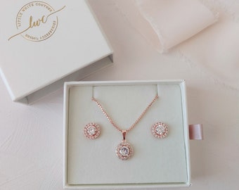 Bridesmaid Jewellery Set Rose Gold| Wedding Jewelry Set for Brides| Bridesmaid Necklace Set| Halo Earrings And Necklace Set