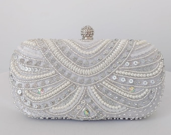 Liberty Silver Crystal Beaded Bridal Clutch | Wedding Crystal Clutch| Bridal Clutch Bag| Pearl Clutch