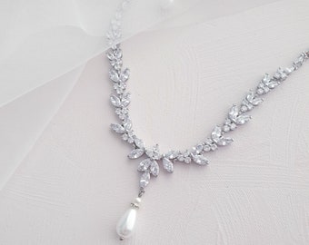 Pearl Bridal Necklace| Silver Wedding Necklace | CZ Bridal Necklace| Pearl Drop Bridal Necklace