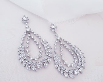 Silver  Statement Teardrop Bridal Earrings| Statement Wedding Earrings| Chandelier Bridal Earrings| Bridal Jewelry| Bold Wedding Earrings