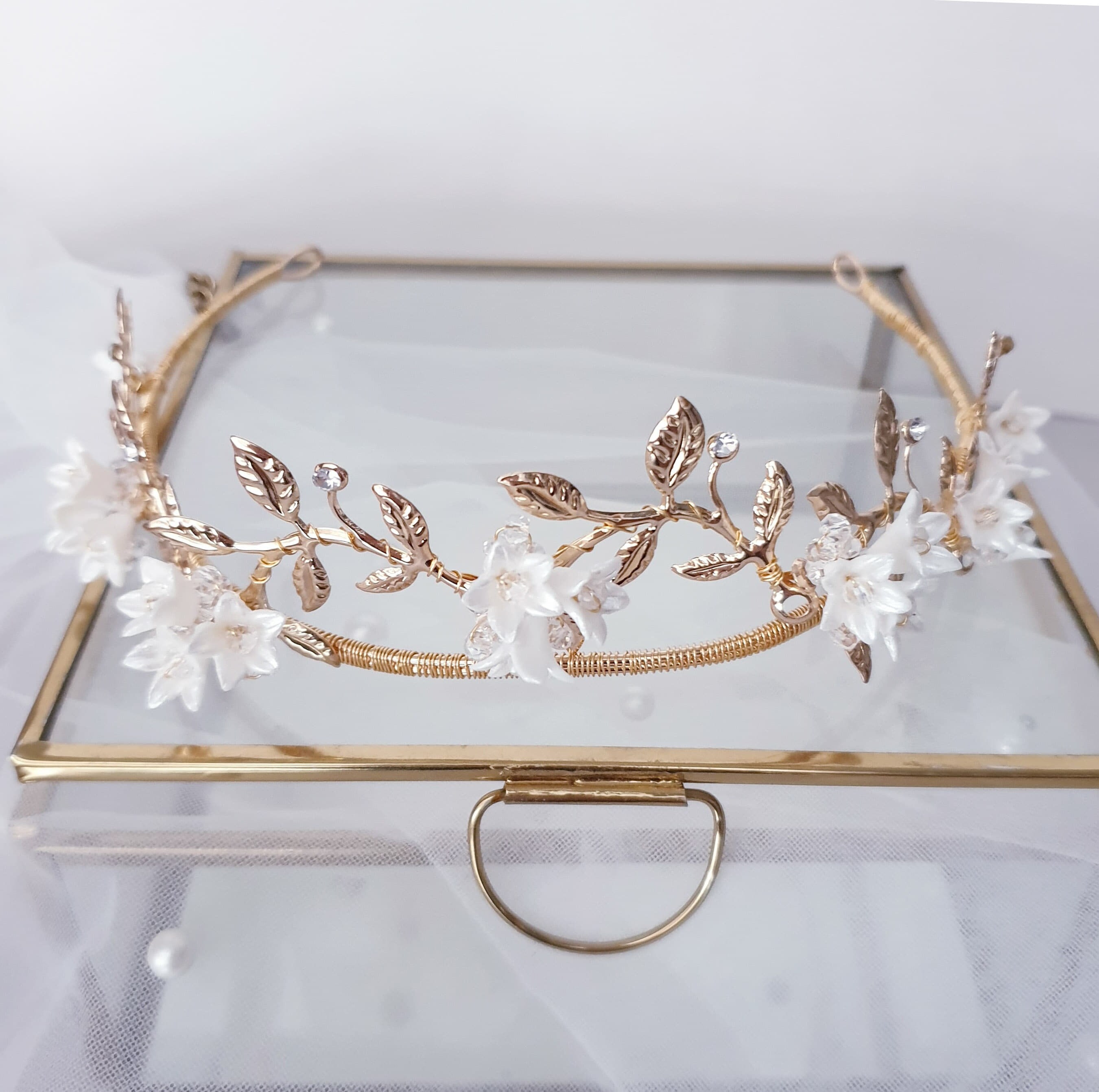 Gold Flower Bridal Crown Crystal Bridal Tiara Gold Bridal Etsy Australia