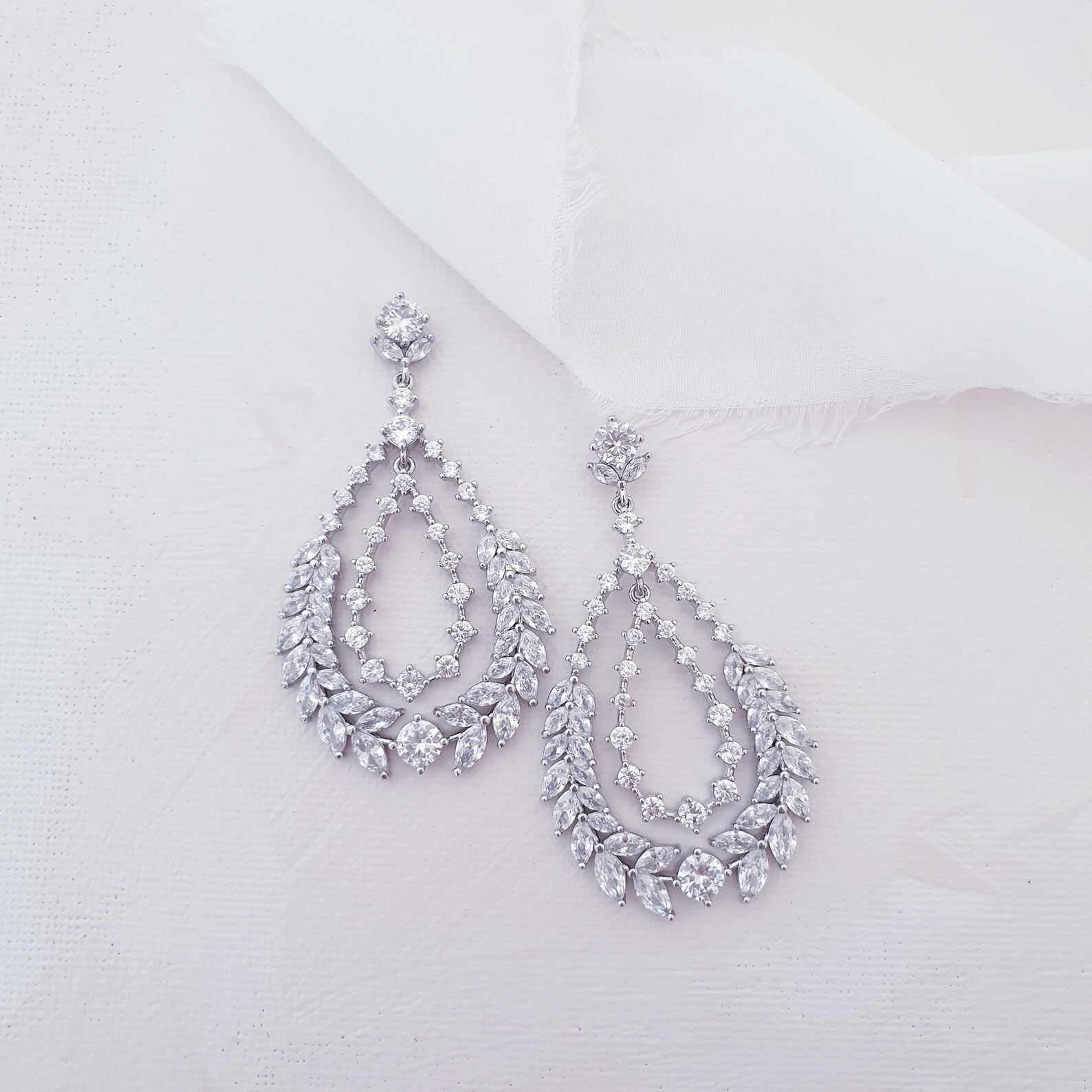 Silver Statement Teardrop Bridal Earrings Statement Wedding Etsy