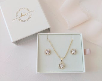 Bridesmaid Jewellery Set Gold| Wedding Jewelry Set for Brides| Bridesmaid Necklace Set| Halo Earrings And Necklace Set