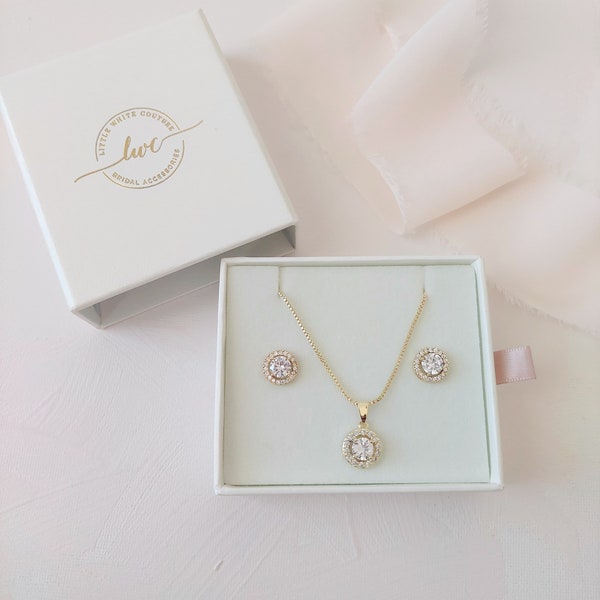 Bridesmaid Jewellery Set Gold| Wedding Jewelry Set for Brides| Bridesmaid Necklace Set| Halo Earrings And Necklace Set