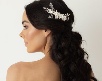 Peigne de mariée floral argenté | Peigne à cheveux de mariage | Accessoires pour cheveux de mariage| Postiche de mariée fleur | Eva