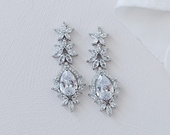 Crystal Statement Bridal Earrings| Statement Wedding Earrings| Long Dangle Bridal Earrings| Cubic Zircon Wedding Earrings | Zarah Silver