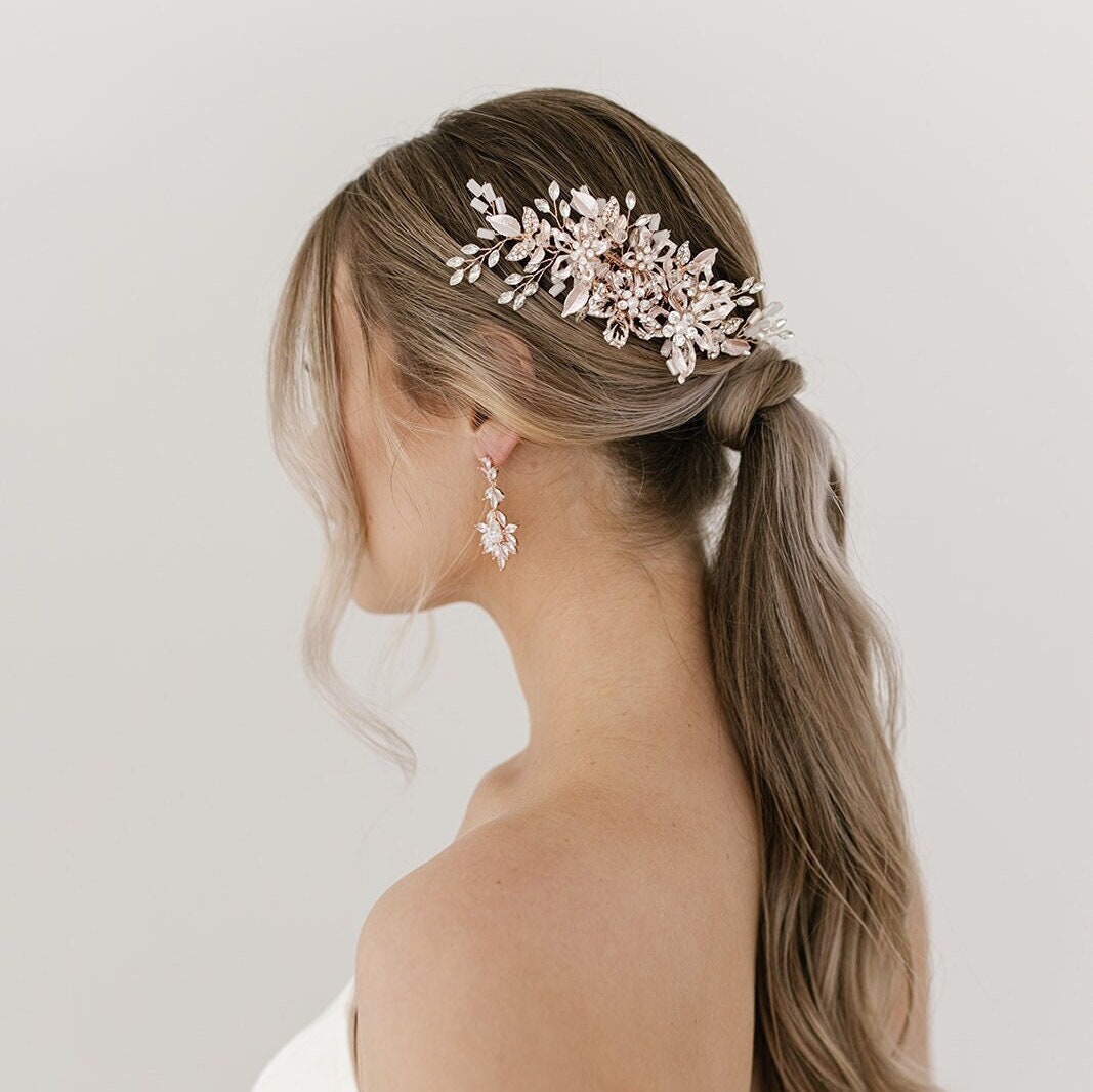 Zijn bekend weekend Gouverneur Luxe Rose Gold Bridal Flower Hair Comb Wedding Haircomb - Etsy België