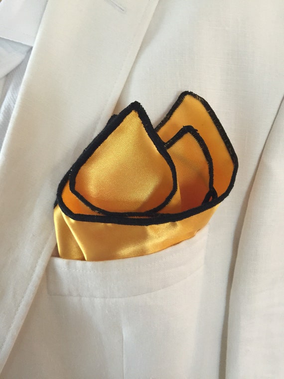 Pocket Square Hand Made Gold And Black Stitched Borders By Squaretrapny.com