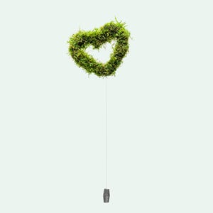 May include: A heart-shaped decoration made of green moss, suspended by a thin, white string. The string is attached to a small, dark gray cylindrical base. The moss heart is a vibrant green color.