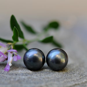 Puede incluir: Dos pendientes de perlas gris oscuro, sobre un fondo de una flor morada y hojas verdes.